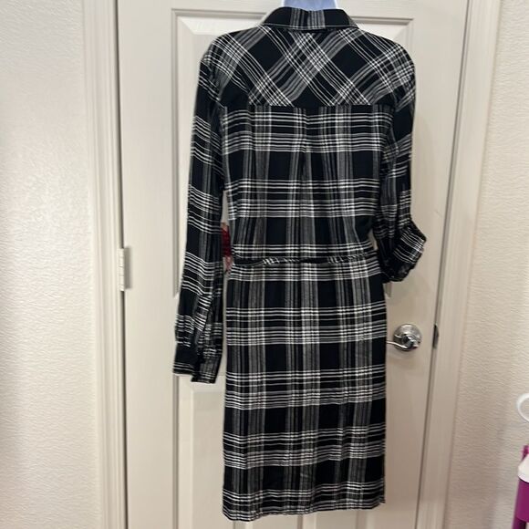 BLL Nyc Woman’s Large Black White Plaid Dress Button Front Tie Belt Pocket New - Picture 8 of 11